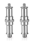 Two Pack One Quarter Inch To Three Eighths Inch Metal Male Threaded Adapter Spigot Stud For Studio Light Stands Hot Shoe Cold Shoe Adapters Ball Heads Wireless Flash Receivers Triggers And More ST24, front view showing metal finish and dual-thread design.