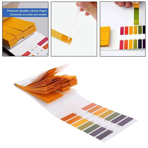 Close-up of 2 Pack pH Test Strips, 160 Strips pH.1-14 Universal pH Test Paper showing scale and color changes with litmus paper