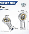 2-Pack PHSA6 Rod End Bearing Workhorse with 3/8 bore, 3/8-24 right thread, self-lubricating steel joint, and jam nuts dimensions