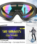 2 Pack Ski Goggles For Men Women Kids UV Protection Foam Anti Scratch Dustproof with carry bag and skier in action