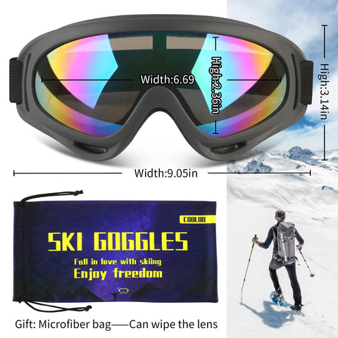 2 Pack Ski Goggles For Men Women Kids UV Protection Foam Anti Scratch Dustproof with carry bag and skier in action