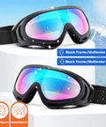 2 Pack Family Snow Ski Goggles For Men Women Youth Kids All Ages with black frames and multicolor lenses, adjustable strap, anti-fog design