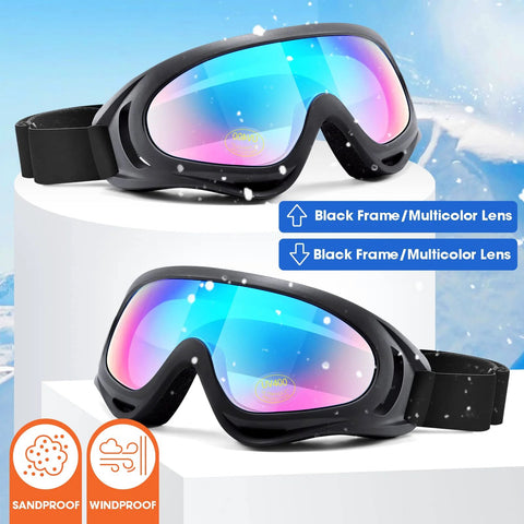 2 Pack Family Snow Ski Goggles For Men Women Youth Kids All Ages with black frames and multicolor lenses, adjustable strap, anti-fog design