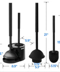 2 Pack 2 In 1 Toilet Brush And Plunger Set With Extended Handle For Easy Cleaning, shown with stable bracket and dimensions labeled.