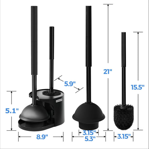 2 Pack 2 In 1 Toilet Brush And Plunger Set With Extended Handle For Easy Cleaning, shown with stable bracket and dimensions labeled.