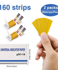 Hand holding 2 Pack pH Test Strips, 160 Strips pH.1-14 Universal pH Test Paper for water and soil testing, sealed pack shown.
