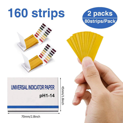 Hand holding 2 Pack pH Test Strips, 160 Strips pH.1-14 Universal pH Test Paper for water and soil testing, sealed pack shown.
