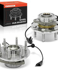 2 Pack Front Wheel Bearing Hub Assembly for 4WD Chevy Silverado Tahoe Suburban Avalanche GMC Sierra Yukon XL and Cadillac Escalade ESV EXT, 6 Lug with ABS Sensor, shown with box.