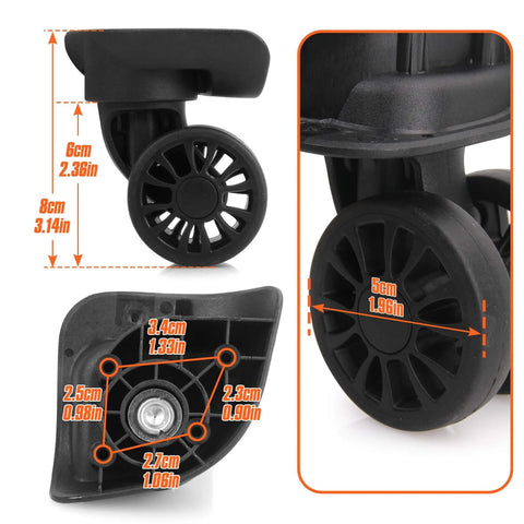 Close-up image of 2 Pcs Luggage Replacement Wheels Model A208 with 360 Degree Swivel Rubber Spinner Casters dimensions and details.