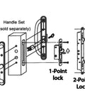 Diagram of 2 Point Sliding Patio Glass Door Mortise Lock with 11-3/4" Faceplate, Dual Point Hooks, and optional handle set.