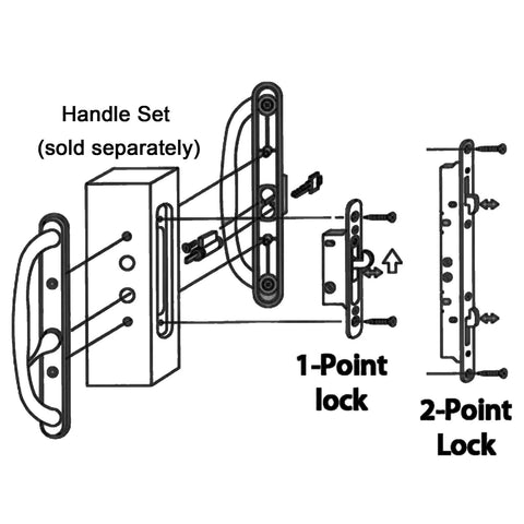 Diagram of 2 Point Sliding Patio Glass Door Mortise Lock with 11-3/4" Faceplate, Dual Point Hooks, and optional handle set.