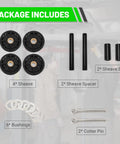 Package contents of 2-Post Lift Upper Pulley Sheave Kit for Rotary Lift SPOA7 SPOA9 with sheave, shaft, spacer, bushings, cotter pins.