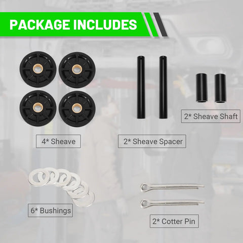 Package contents of 2-Post Lift Upper Pulley Sheave Kit for Rotary Lift SPOA7 SPOA9 with sheave, shaft, spacer, bushings, cotter pins.