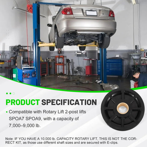 Car on 2-post lift with 2-Post Lift Upper Pulley Sheave Kit For Rotary Lift SPOA7 SPOA9 7,000 To 9,000 Lb Capacity shown