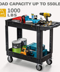 Heavy Duty Plastic Utility Cart On Wheels With 1000 Lb Capacity And 2 Shelves DWVO Rolling Service Cart loaded with tools
