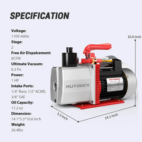 2-Stage 8CFM Vacuum Pump, 1HP 2.25 Micron 110V Air for R12 R22 R134a R410a, rotary vane design, side view with specifications