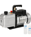 High-Performance 2-Stage Rotary Vane Vacuum Pump with 12 CFM Flow Rate and 1 HP Motor for 110V Use displayed with oil bottles.
