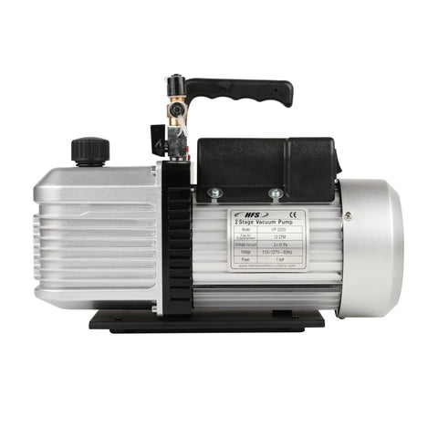 Side view of High-Performance 2-Stage Rotary Vane Vacuum Pump with 12 CFM Flow Rate, dual SAE inlets, silver and black color, compact design.