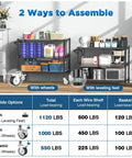 Heavy Duty Rolling Utility Cart With Wheels For Kitchen And Restaurant Use Kitchen Workhorse 45 Inch NSF Certified Commercial Grade Steel Cart 1120 Lbs Capacity With Handle And Shelf Liners Black Leteuke shown assembled with wheels and leveling feet for varied load capacities.