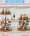 Adjustable 2 tier wooden lazy susan turntable organizer with 12 inch rotating design showing height options and spice bottle arrangement.