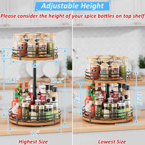 Adjustable 2 tier wooden lazy susan turntable organizer with 12 inch rotating design showing height options and spice bottle arrangement.