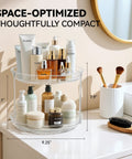 2 Tier Lazy Susan Turntable Organizer with toiletries on a bathroom vanity, 9.25 inch rotating spice rack for kitchen pantry.