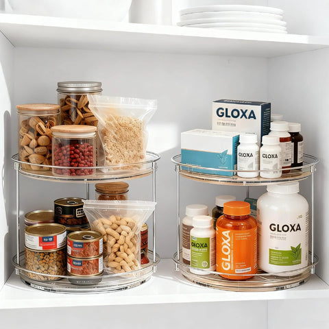 2 Tier Lazy Susan Turntable Organizer For Cabinets And Pantries, 9.25 Inch Rotating Spice Rack storing food jars and medicines