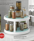 Non-Skid 2-Tier Turntable 12-Inch Lazy Susan Organizer with jars on countertop showing smooth-glide rotation and nonskid liner.