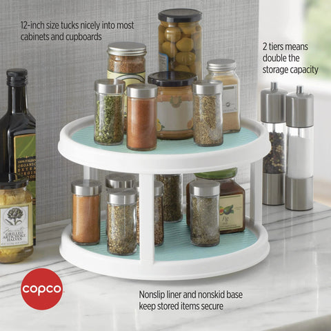 Non-Skid 2-Tier Turntable 12-Inch Lazy Susan Organizer with jars on countertop showing smooth-glide rotation and nonskid liner.