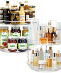 2 Tier Lazy Susan Turntable Organizer For Cabinets And Pantries with jars and bottles, 9.25 inch rotating spice rack for storage