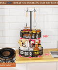 Heavy Duty 2 Tier Lazy Susan Organizer on kitchen counter, showcasing detachable metal rotating spice rack with wood panels, 360 rotation