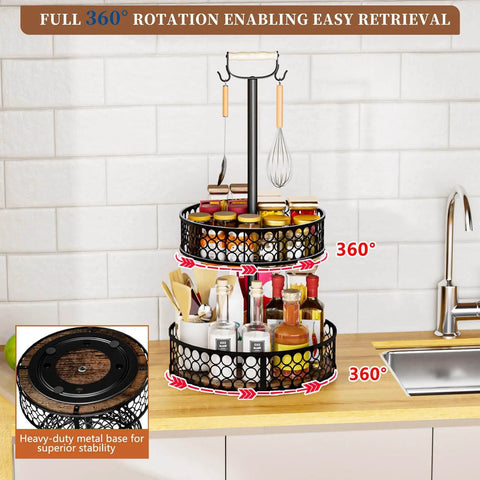 Heavy Duty 2 Tier Lazy Susan Organizer on kitchen counter, showcasing detachable metal rotating spice rack with wood panels, 360 rotation