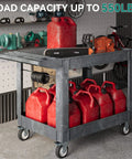 Heavy Duty 2 Tier Plastic Utility Cart With Deep Shelves And 360 Degree Swivel Wheels For Garage Warehouse Office And Cleaning Tasks 45 X 25 Inch Gray loaded with gas cans