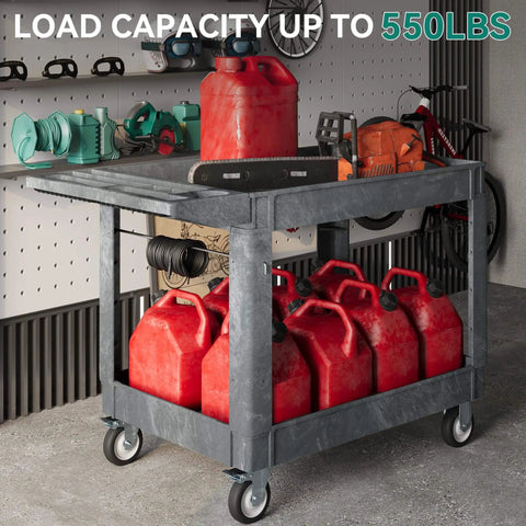Heavy Duty 2 Tier Plastic Utility Cart With Deep Shelves And 360 Degree Swivel Wheels For Garage Warehouse Office And Cleaning Tasks 45 X 25 Inch Gray loaded with gas cans