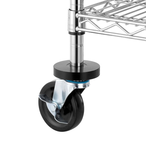 Heavy Duty 2 Tier Rolling Cart With Wheels And Handles For Commercial Use 600 Lb Capacity Built To Last Industrial Steel Utility Cart Kitchen Carts On Wheels NSF Certified 23.6 In D X 47.2 In W X 39.4 In H showing close-up of wheel and steel shelf