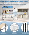 Heavy Duty Rolling Kitchen Cart With Wheels, 34 Inch L By 17.5 Inch W, 3 Tier Utility Cart With Wood Top, Workhorse NSF Certified Commercial Chrome Serving Cart With Handle And Shelf Liner, Ideal For Kitchen Prep, Catering, And Mobile Storage shown.