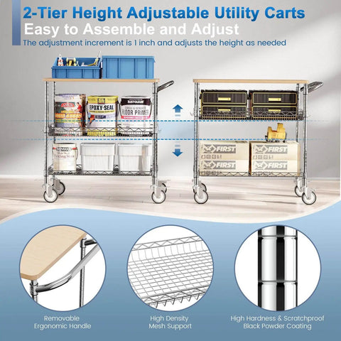 Heavy Duty Rolling Kitchen Cart With Wheels, 34 Inch L By 17.5 Inch W, 3 Tier Utility Cart With Wood Top, Workhorse NSF Certified Commercial Chrome Serving Cart With Handle And Shelf Liner, Ideal For Kitchen Prep, Catering, And Mobile Storage shown.