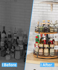 Before and after of adjustable 2 tier wooden lazy susan turntable organizer with 12 inch rotating design for spice organization.