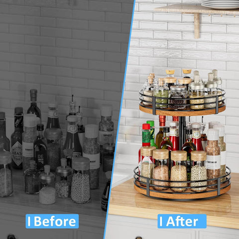 Before and after of adjustable 2 tier wooden lazy susan turntable organizer with 12 inch rotating design for spice organization.