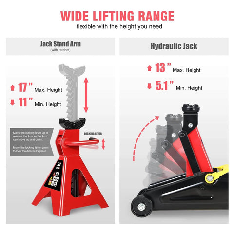 2 Ton Car Jack And Stands Kit With Hydraulic Floor Jack And Ratchet Stands For Home Garage And Shop, 4000 Lb Capacity, Red And Black