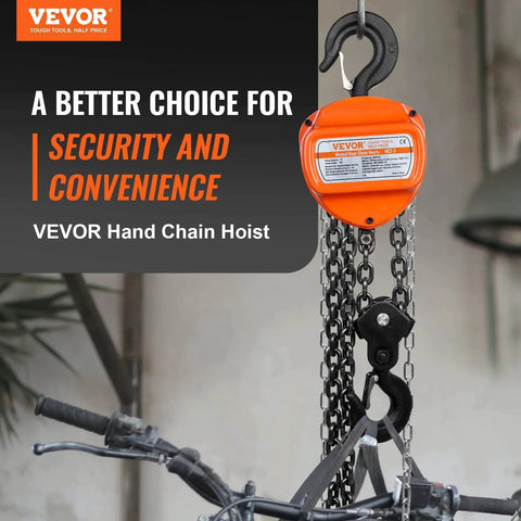 2 Ton Hand Chain Hoist 4400 Lbs Capacity 10 Ft Lift with G80 Galvanized Chain and Double Pawl Brake showcased in a workshop setting.