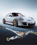 2 Ton Dual Gear Come Along Winch With Steel Cable 5mm 78 Inch Length 2 Hook Hand Puller in front of a white sports car