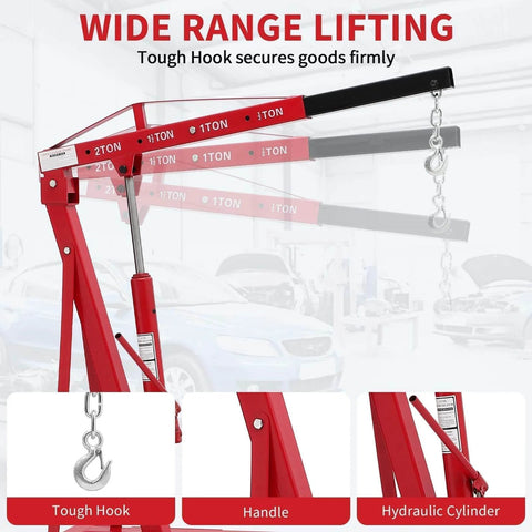 Heavy Duty 2 Ton Folding Hydraulic Engine Hoist with Load Leveler And Adjustable Boom from 0.5 to 2 Tons, 6 Swivel Wheels