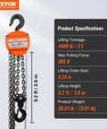 2 Ton Hand Chain Hoist 4400 Lbs Capacity 10 Ft Lift with G80 Galvanized Chain and Double Pawl Brake, showing specifications