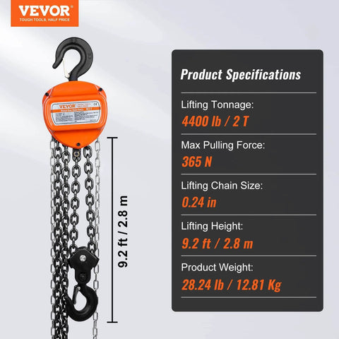 2 Ton Hand Chain Hoist 4400 Lbs Capacity 10 Ft Lift with G80 Galvanized Chain and Double Pawl Brake, showing specifications