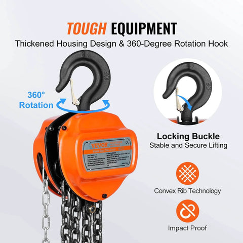 2 Ton Hand Chain Hoist 4400 Lbs Capacity 10 Ft Lift Come Along With G80 Galvanized Chain And Double Pawl Brake, orange housing, 360° hook