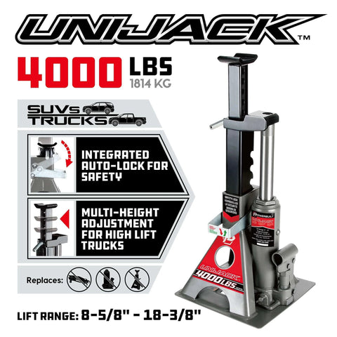 2 Ton UniJack Combination Hydraulic Bottle Jack And Jackstand In One Unit, shown with features and specifications for cars and SUVs.