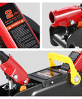 Close-up views of 2 Ton Car Jack And Stands Kit With Hydraulic Floor Jack And Ratchet Stands For Home Garage And Shop, 4000 Lb Capacity, Low Profile Trolley Jack, Red And Black components.