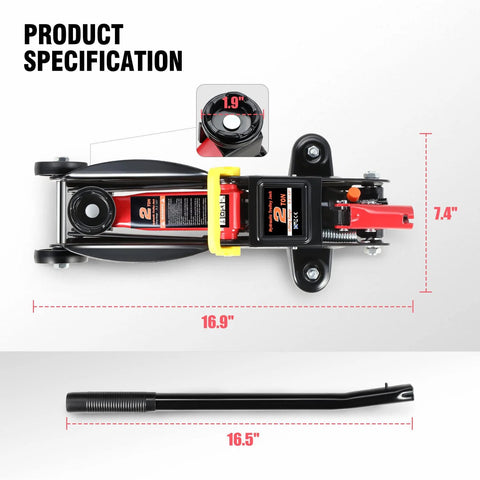 Low Profile Hydraulic Trolley Floor Jack 2 Ton Capacity 4000 Lbs with lifting range 5.1 to 13 inches, black, product dimensions shown.