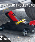 Low Profile Hydraulic Trolley Floor Jack 2 Ton Capacity 4000 Lbs with lifting range visible under car